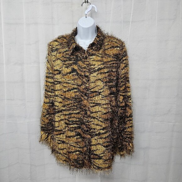 Vintage CDW Blouse Brown Tiger Stripe Eyelash Retro Grunge Sheer Retro XL - Picture 11 of 11